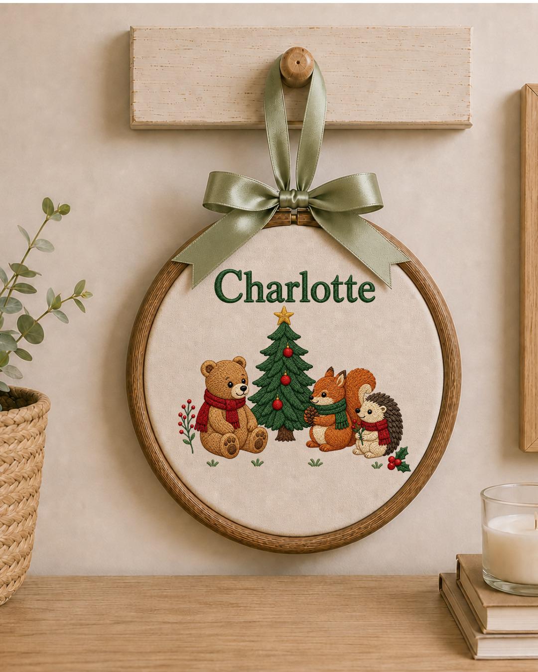 Personalized Embroidered Ornament, Custom Baby Name Christmas Hoop, Woodland Animal Nursery Decor, Bear Fox Hedgehog Christmas Gift