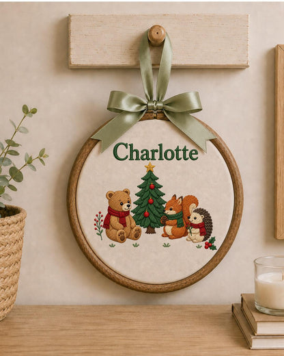 Personalized Embroidered Ornament, Custom Baby Name Christmas Hoop, Woodland Animal Nursery Decor, Bear Fox Hedgehog Christmas Gift