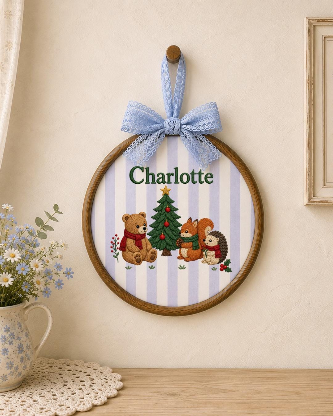 Personalized Embroidered Ornament, Custom Baby Name Christmas Hoop, Woodland Animal Nursery Decor, Bear Fox Hedgehog Christmas Gift
