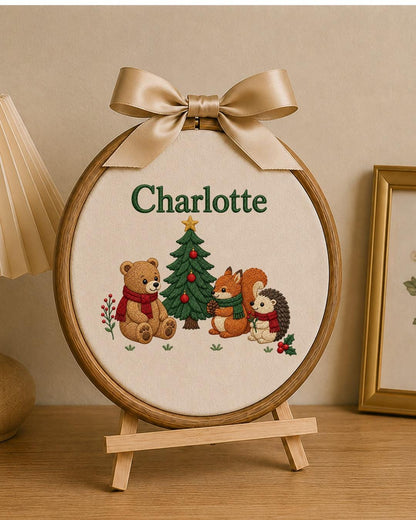 Personalized Embroidered Ornament, Custom Baby Name Christmas Hoop, Woodland Animal Nursery Decor, Bear Fox Hedgehog Christmas Gift