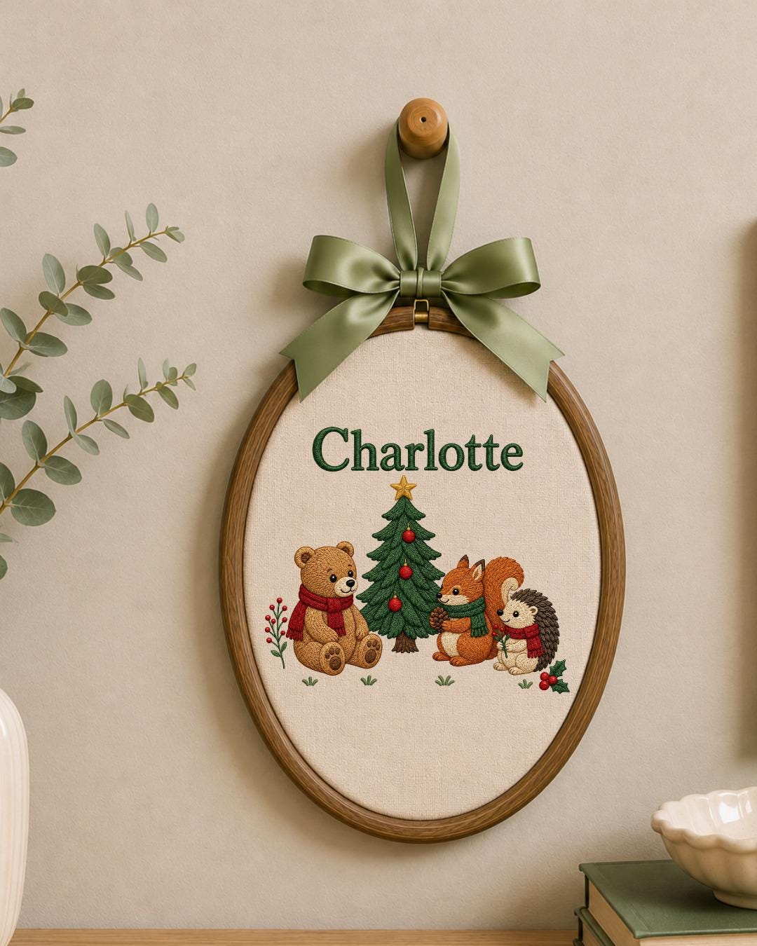 Personalized Embroidered Ornament, Custom Baby Name Christmas Hoop, Woodland Animal Nursery Decor, Bear Fox Hedgehog Christmas Gift