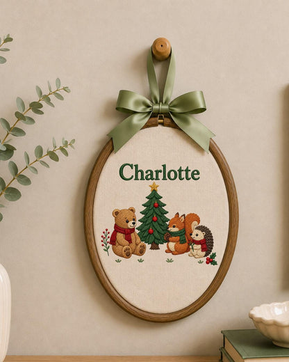 Personalized Embroidered Ornament, Custom Baby Name Christmas Hoop, Woodland Animal Nursery Decor, Bear Fox Hedgehog Christmas Gift