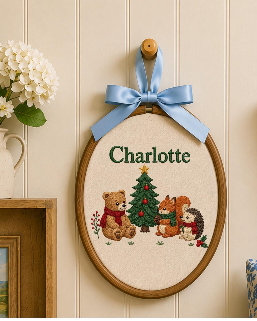 Personalized Embroidered Ornament, Custom Baby Name Christmas Hoop, Woodland Animal Nursery Decor, Bear Fox Hedgehog Christmas Gift