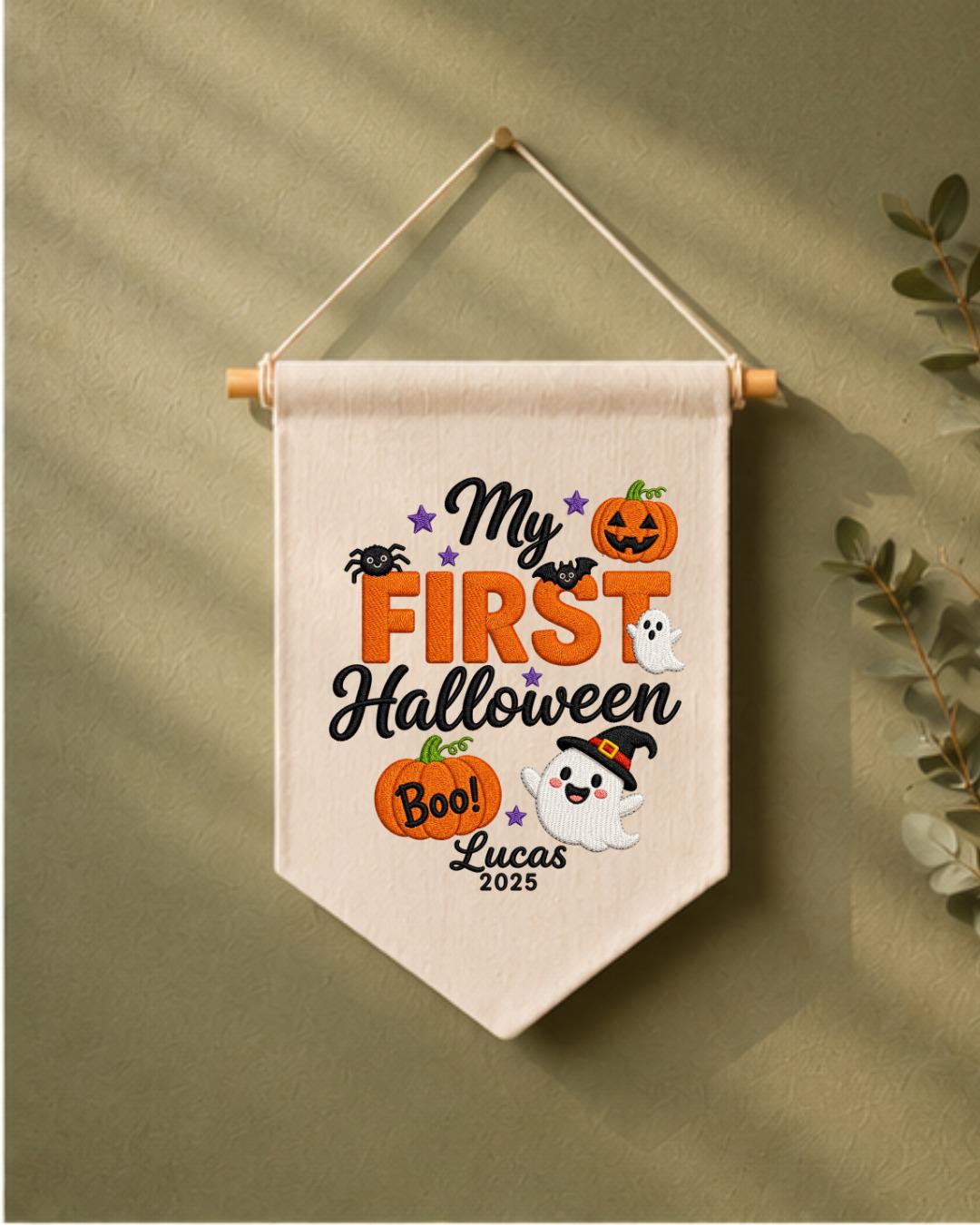 Personalized First Halloween Wall Hanging, Custom Name Embroidered Banner, Ghost Pumpkin Halloween Decor, Baby First Halloween Keepsake Gift