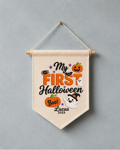 Personalized First Halloween Wall Hanging, Custom Name Embroidered Banner, Ghost Pumpkin Halloween Decor, Baby First Halloween Keepsake Gift