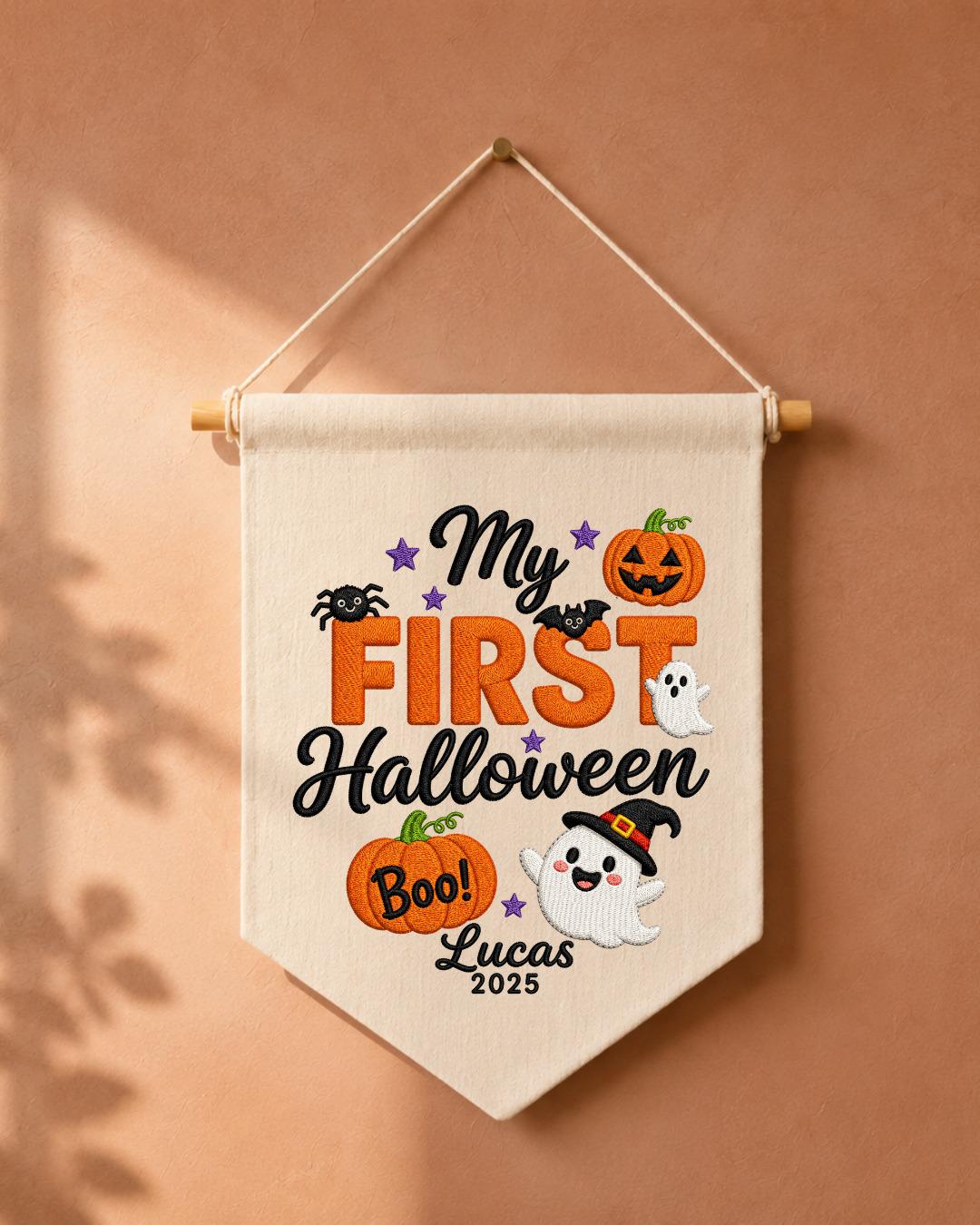 Personalized First Halloween Wall Hanging, Custom Name Embroidered Banner, Ghost Pumpkin Halloween Decor, Baby First Halloween Keepsake Gift