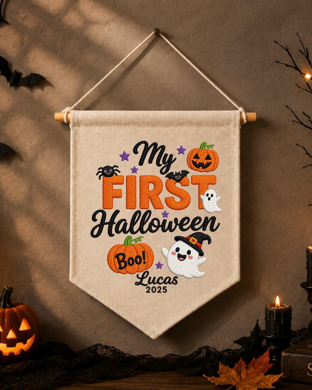 Personalized First Halloween Wall Hanging, Custom Name Embroidered Banner, Ghost Pumpkin Halloween Decor, Baby First Halloween Keepsake Gift
