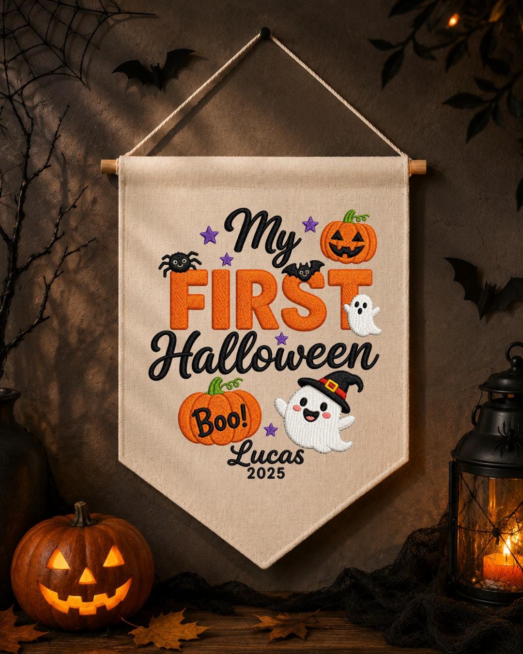 Personalized First Halloween Wall Hanging, Custom Name Embroidered Banner, Ghost Pumpkin Halloween Decor, Baby First Halloween Keepsake Gift