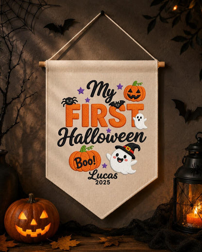 Personalized First Halloween Wall Hanging, Custom Name Embroidered Banner, Ghost Pumpkin Halloween Decor, Baby First Halloween Keepsake Gift