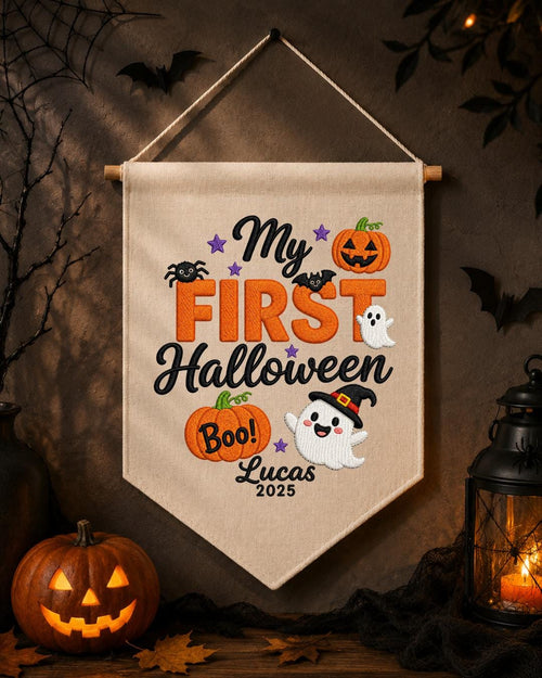 Personalized First Halloween Wall Hanging, Custom Name Embroidered Banner, Ghost Pumpkin Halloween Decor, Baby First Halloween Keepsake Gift