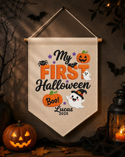 Personalized First Halloween Wall Hanging, Custom Name Embroidered Banner, Ghost Pumpkin Halloween Decor, Baby First Halloween Keepsake Gift