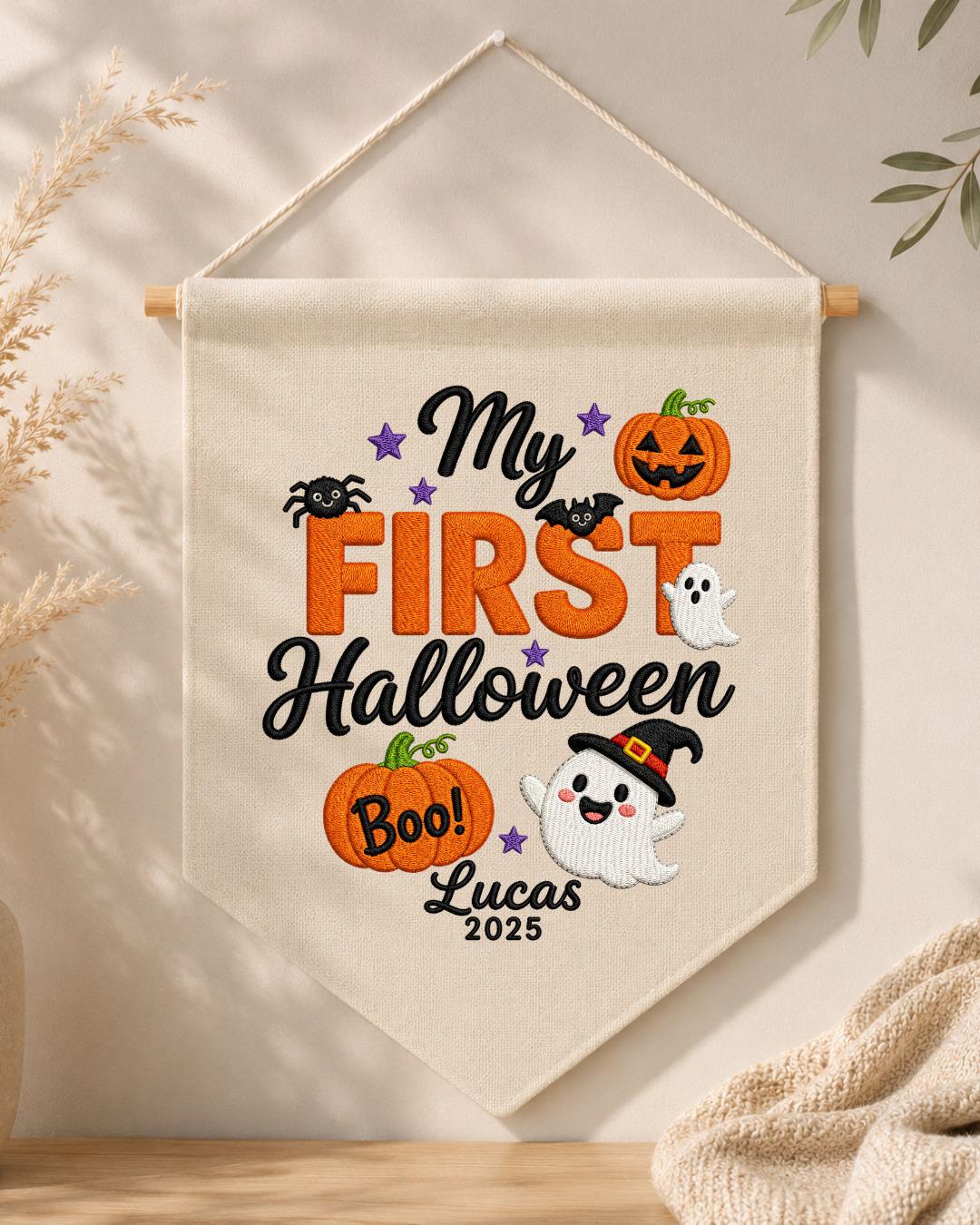 Personalized First Halloween Wall Hanging, Custom Name Embroidered Banner, Ghost Pumpkin Halloween Decor, Baby First Halloween Keepsake Gift