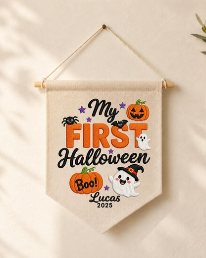 Personalized First Halloween Wall Hanging, Custom Name Embroidered Banner, Ghost Pumpkin Halloween Decor, Baby First Halloween Keepsake Gift