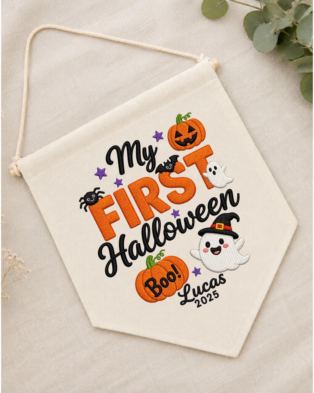 Personalized First Halloween Wall Hanging, Custom Name Embroidered Banner, Ghost Pumpkin Halloween Decor, Baby First Halloween Keepsake Gift
