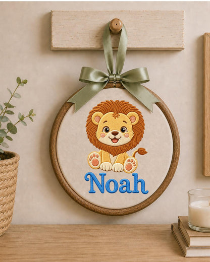 Personalized Lion Embroidered Ornament, Custom Baby Name Hoop, Safari Nursery Decor, Baby Boy Gift, Newborn Keepsake