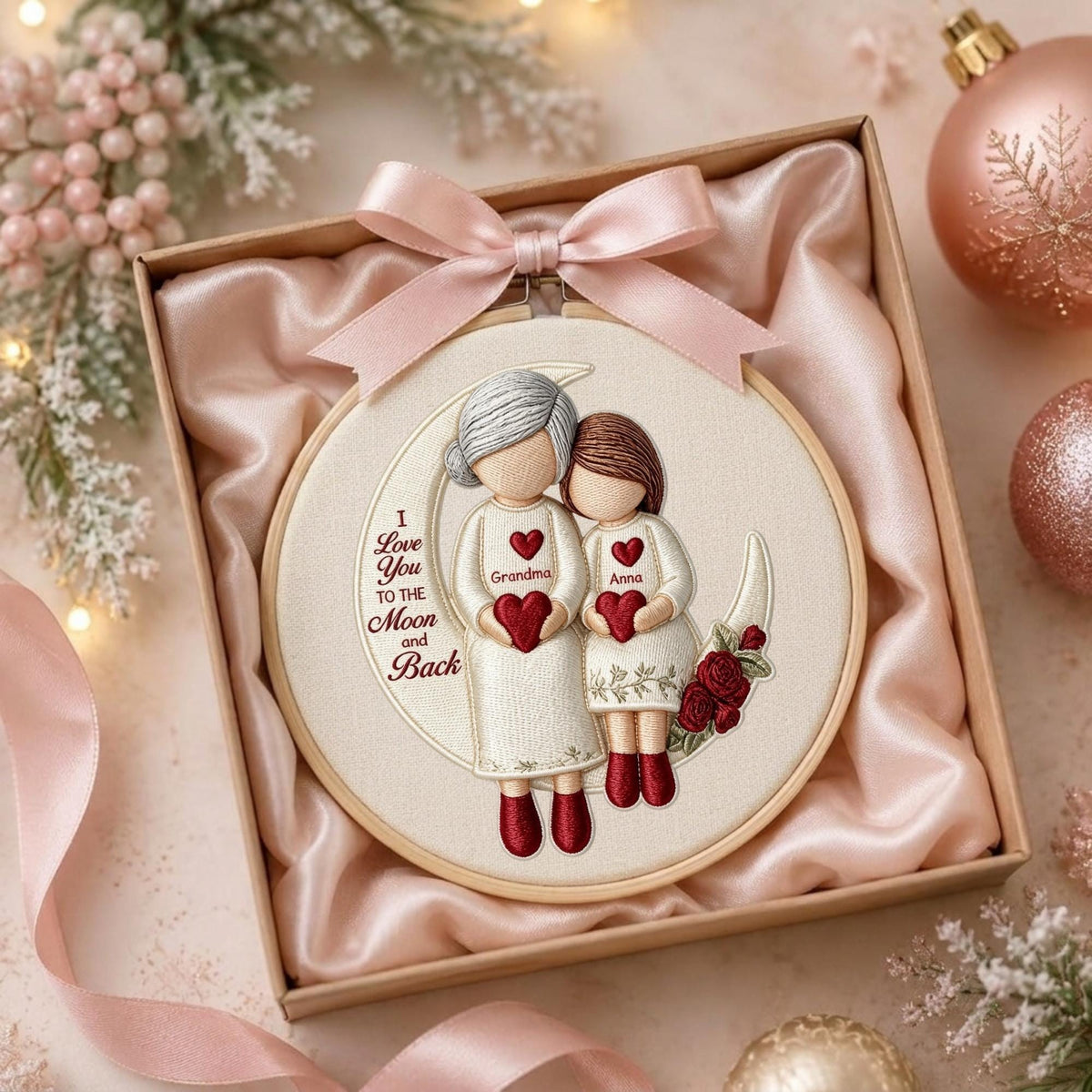 EMBROIDERED Grandma and Grandchild Moon Love Ornament Hoop, Personalized Christmas Ornament 2026, Embroidery Ornaments, Grandma Gifts