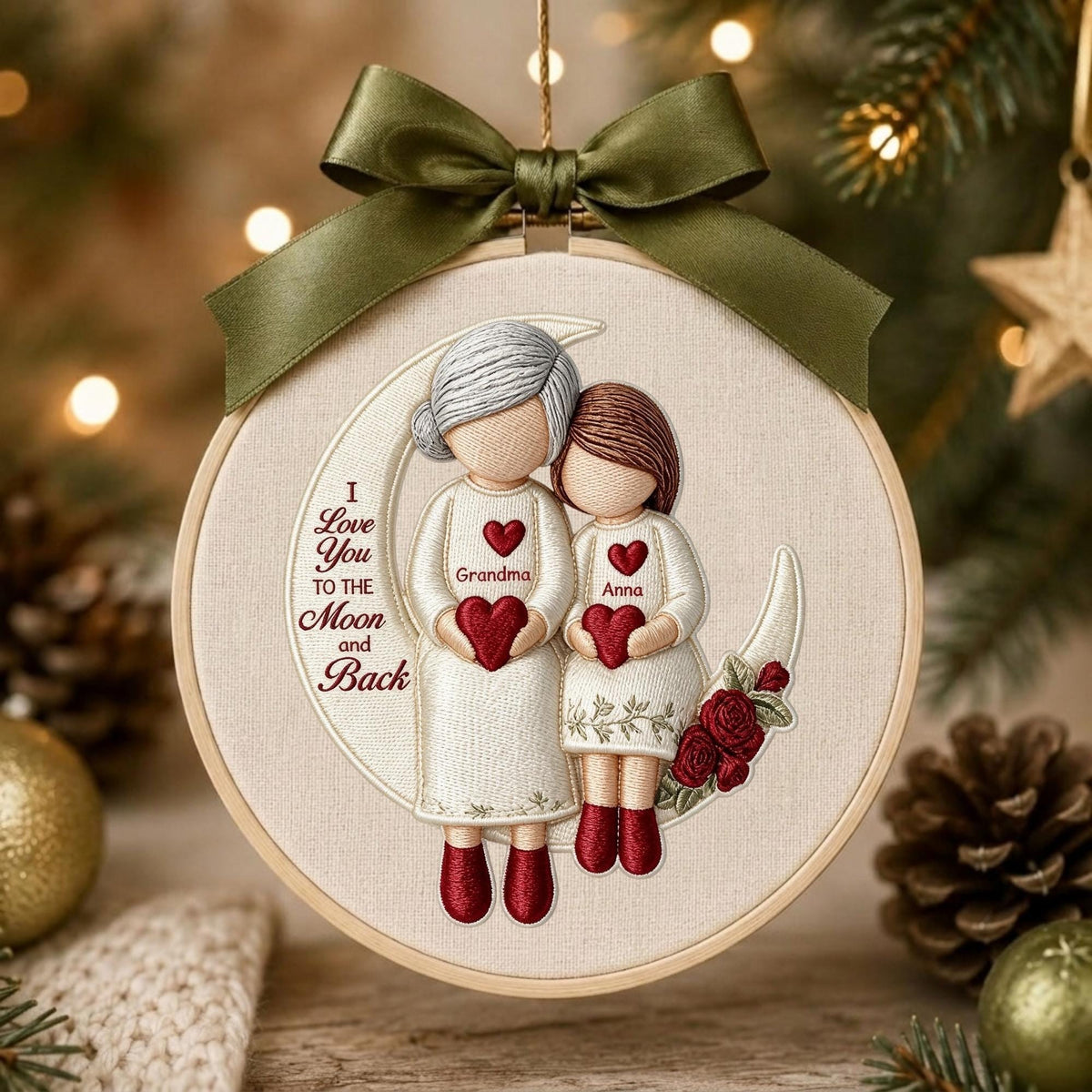 EMBROIDERED Grandma and Grandchild Moon Love Ornament Hoop, Personalized Christmas Ornament 2026, Embroidery Ornaments, Grandma Gifts