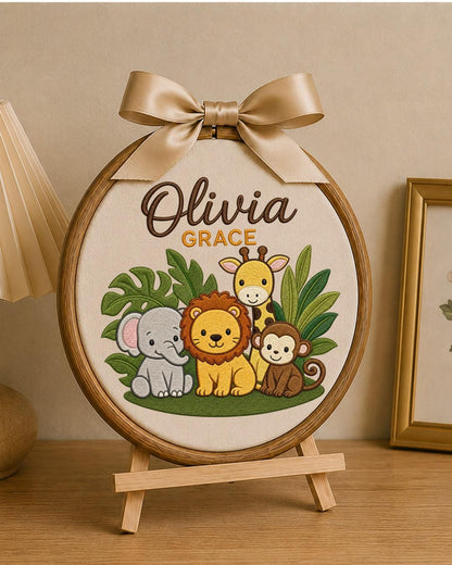 Personalized Safari Embroidered Ornament, Custom Baby Name Hoop, Jungle Animal Nursery Decor, Baby Girl Gift, Newborn Keepsake