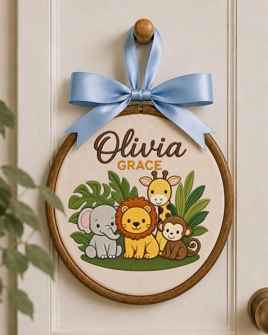 Personalized Safari Embroidered Ornament, Custom Baby Name Hoop, Jungle Animal Nursery Decor, Baby Girl Gift, Newborn Keepsake