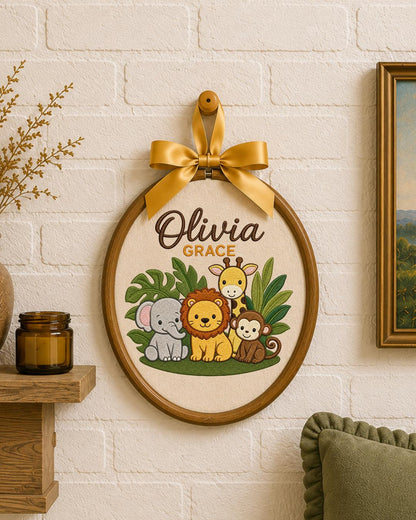 Personalized Safari Embroidered Ornament, Custom Baby Name Hoop, Jungle Animal Nursery Decor, Baby Girl Gift, Newborn Keepsake