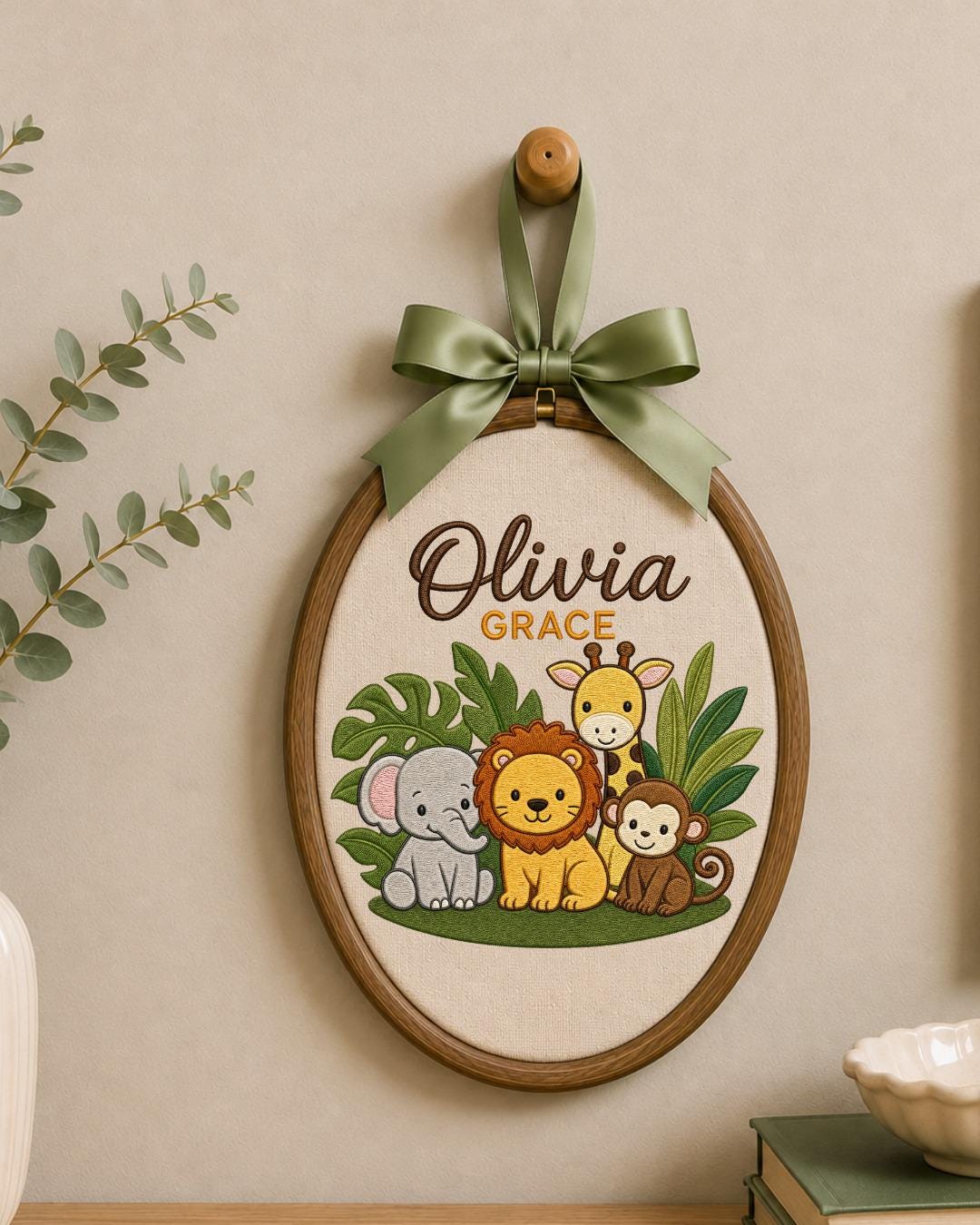 Personalized Safari Embroidered Ornament, Custom Baby Name Hoop, Jungle Animal Nursery Decor, Baby Girl Gift, Newborn Keepsake