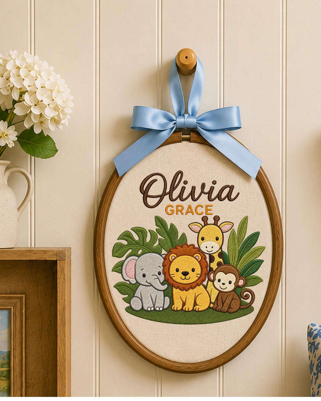 Personalized Safari Embroidered Ornament, Custom Baby Name Hoop, Jungle Animal Nursery Decor, Baby Girl Gift, Newborn Keepsake