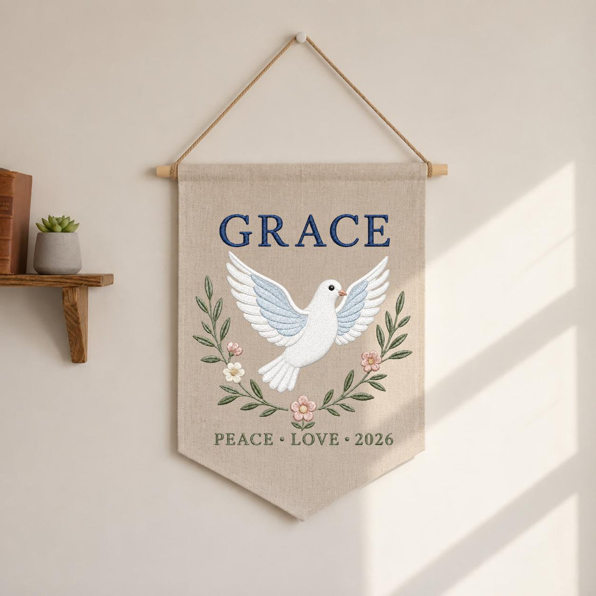 Personalized Peace Dove Canvas Pennant Decor, Custom Embroidered Grace Holy Dove Name Sign, Baby Shower Christening Keepsake Gift