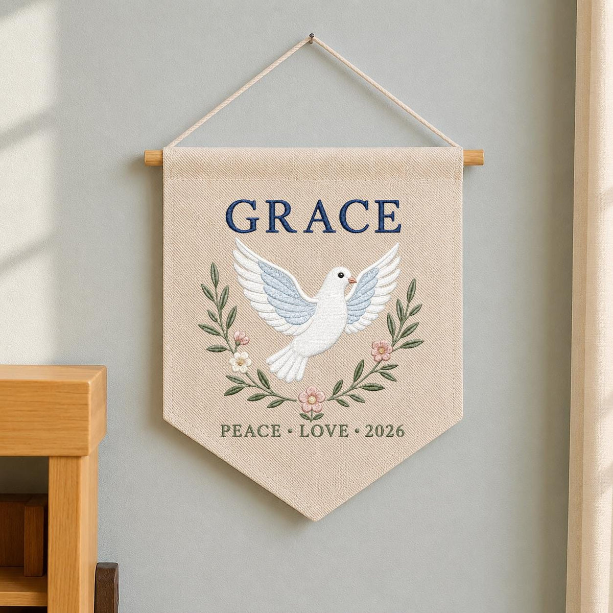Personalized Peace Dove Canvas Pennant Decor, Custom Embroidered Grace Holy Dove Name Sign, Baby Shower Christening Keepsake Gift