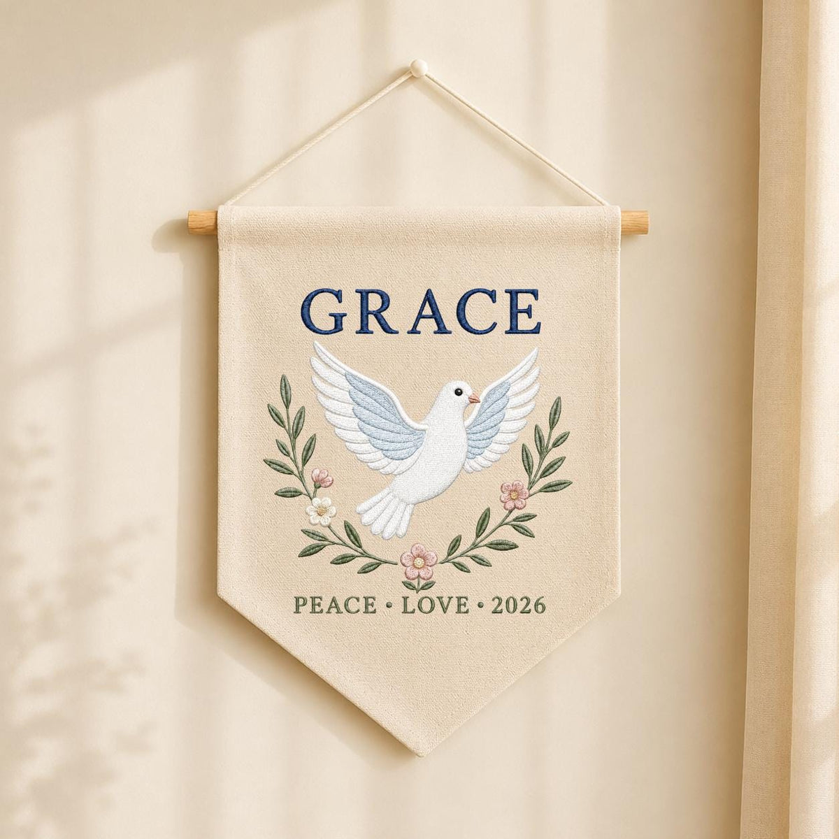 Personalized Peace Dove Canvas Pennant Decor, Custom Embroidered Grace Holy Dove Name Sign, Baby Shower Christening Keepsake Gift