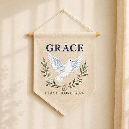 Personalized Peace Dove Canvas Pennant Decor, Custom Embroidered Grace Holy Dove Name Sign, Baby Shower Christening Keepsake Gift