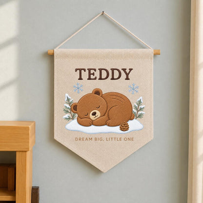 Personalized Woodland Bear Embroidery Decor, Custom Embroidered Teddy Dream Big Little One Pinecone Baby Room Keepsake Gift