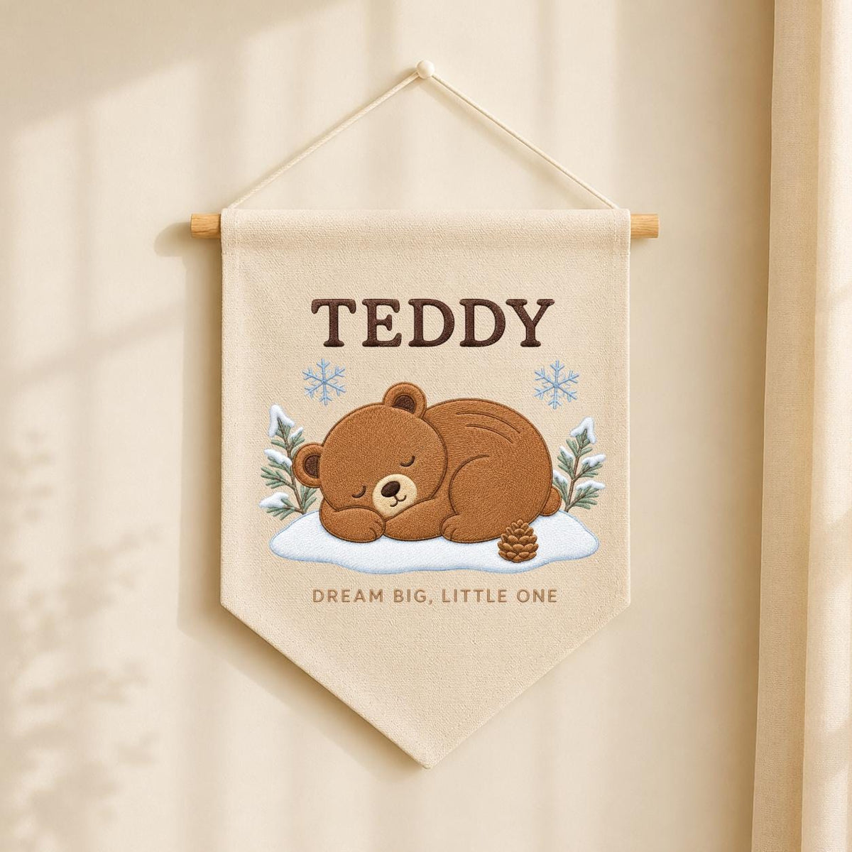 Personalized Woodland Bear Embroidery Decor, Custom Embroidered Teddy Dream Big Little One Pinecone Baby Room Keepsake Gift