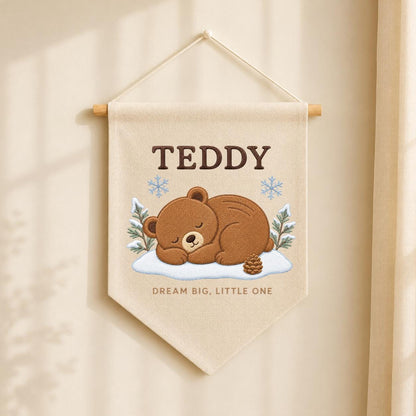 Personalized Woodland Bear Embroidery Decor, Custom Embroidered Teddy Dream Big Little One Pinecone Baby Room Keepsake Gift