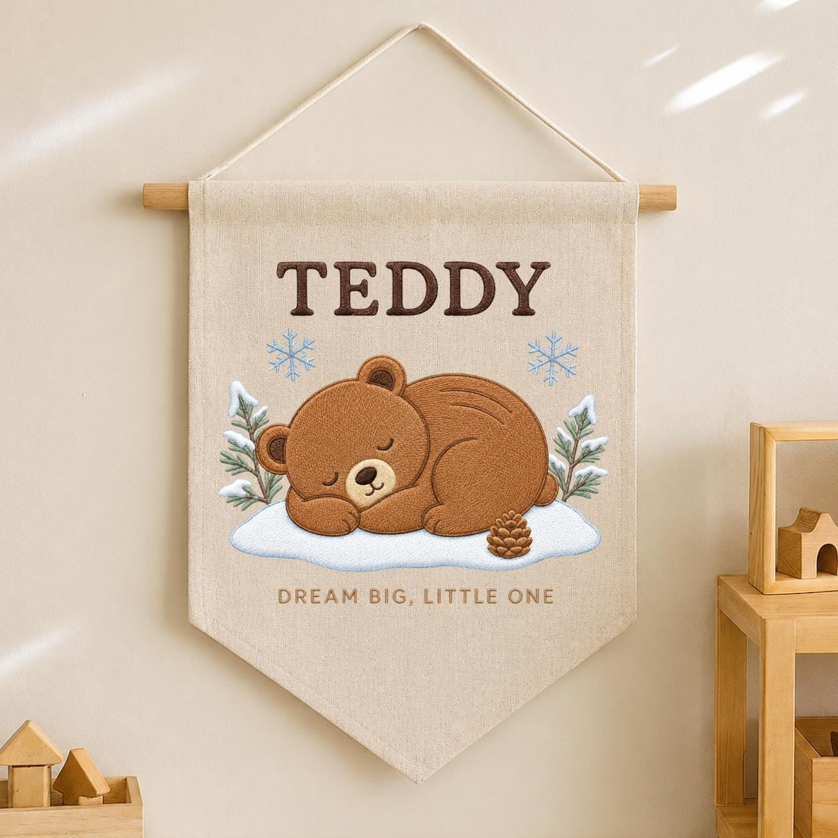 Personalized Woodland Bear Embroidery Decor, Custom Embroidered Teddy Dream Big Little One Pinecone Baby Room Keepsake Gift