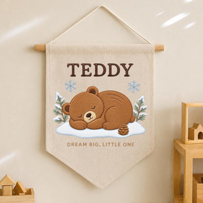 Personalized Woodland Bear Embroidery Decor, Custom Embroidered Teddy Dream Big Little One Pinecone Baby Room Keepsake Gift