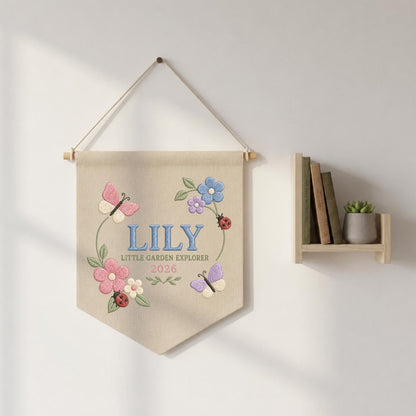 Personalized Floral Butterfly Canvas Pennant Decor, Custom Embroidered Lily Little Garden Explorer Name Sign, Girl Nursery Keepsake
