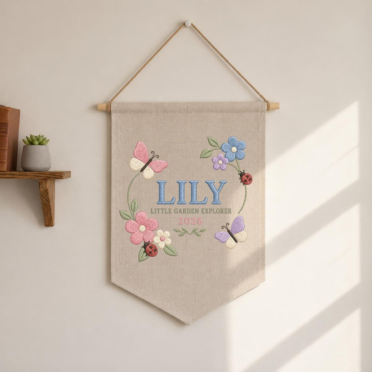 Personalized Floral Butterfly Canvas Pennant Decor, Custom Embroidered Lily Little Garden Explorer Name Sign, Girl Nursery Keepsake
