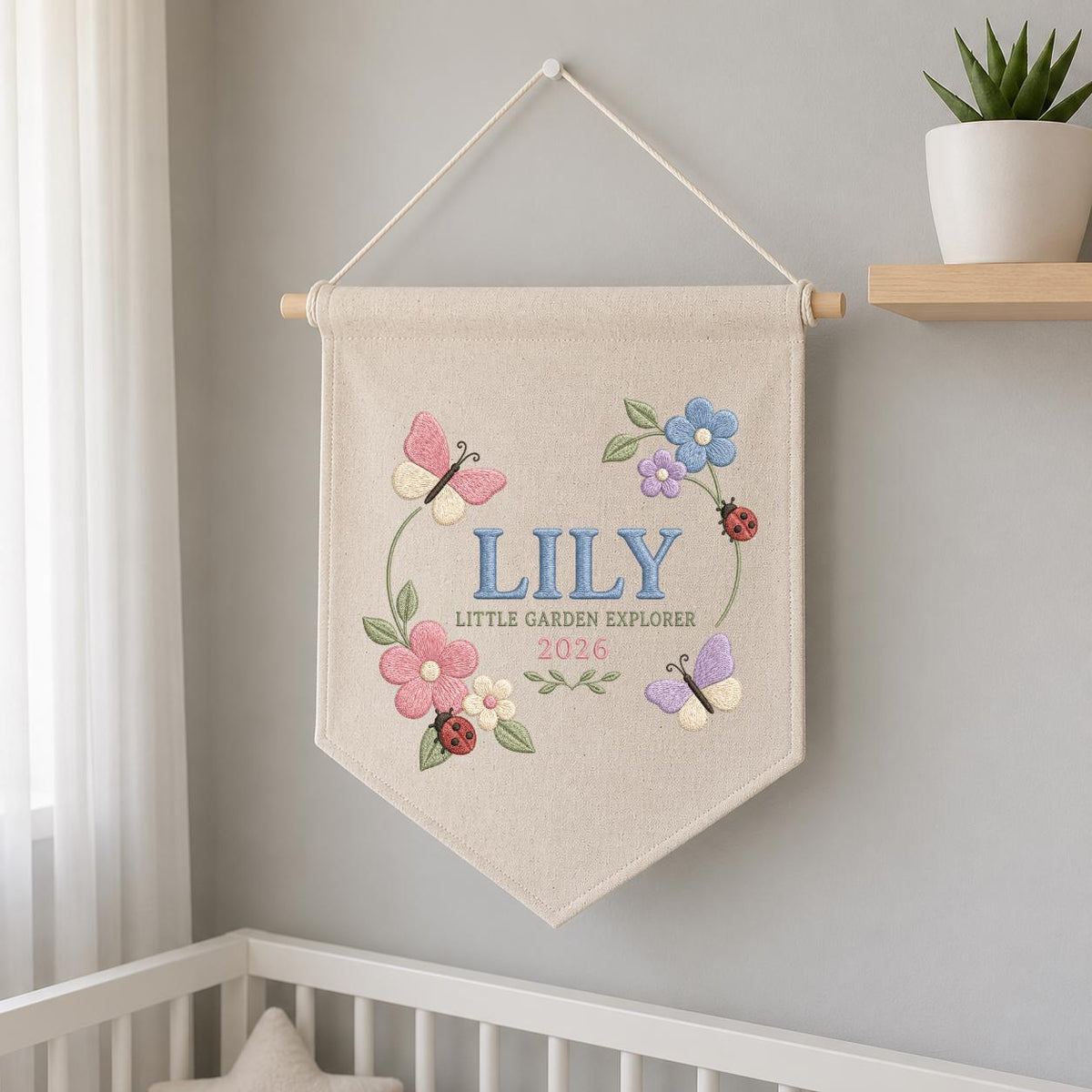 Personalized Floral Butterfly Canvas Pennant Decor, Custom Embroidered Lily Little Garden Explorer Name Sign, Girl Nursery Keepsake