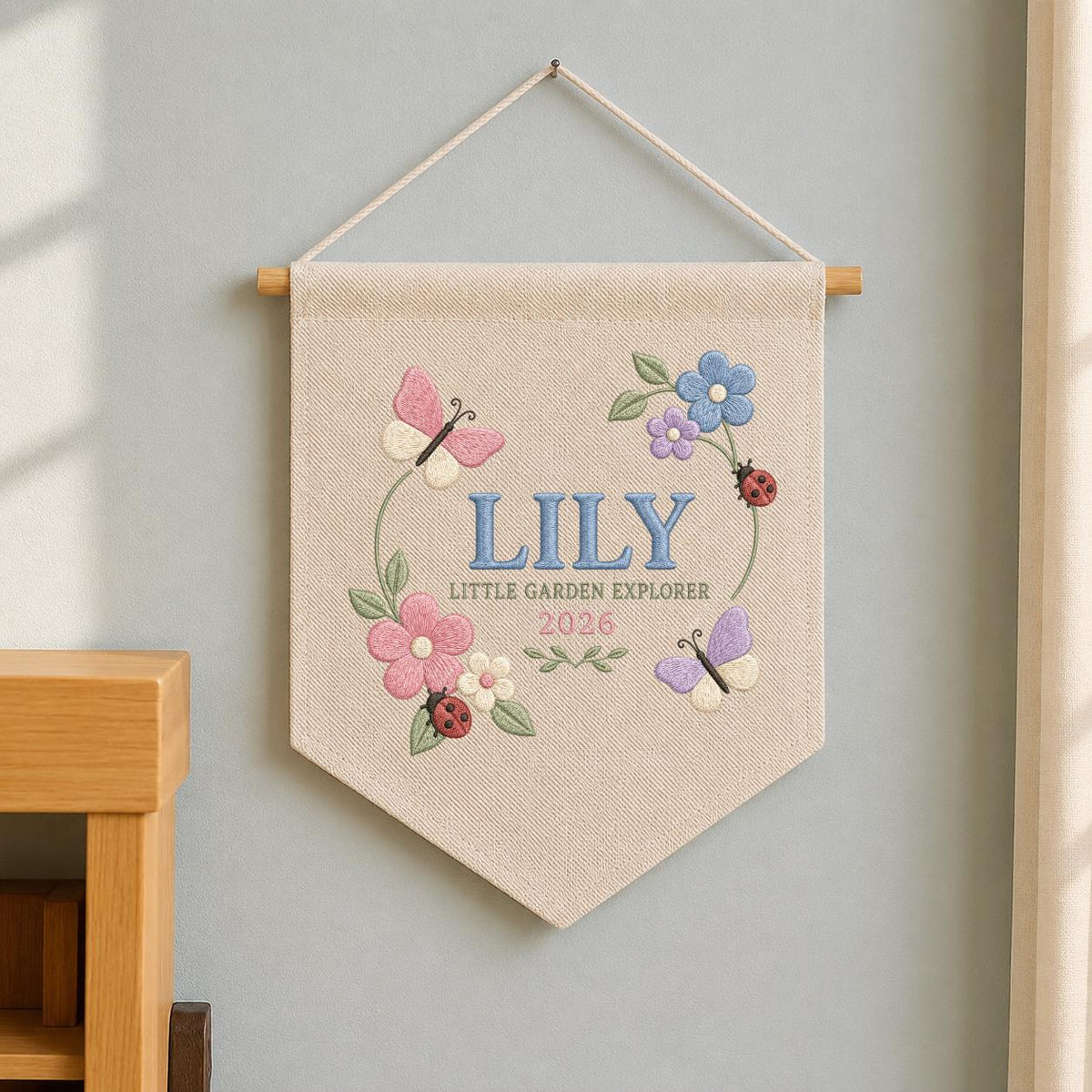 Personalized Floral Butterfly Canvas Pennant Decor, Custom Embroidered Lily Little Garden Explorer Name Sign, Girl Nursery Keepsake