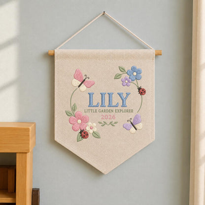 Personalized Floral Butterfly Canvas Pennant Decor, Custom Embroidered Lily Little Garden Explorer Name Sign, Girl Nursery Keepsake