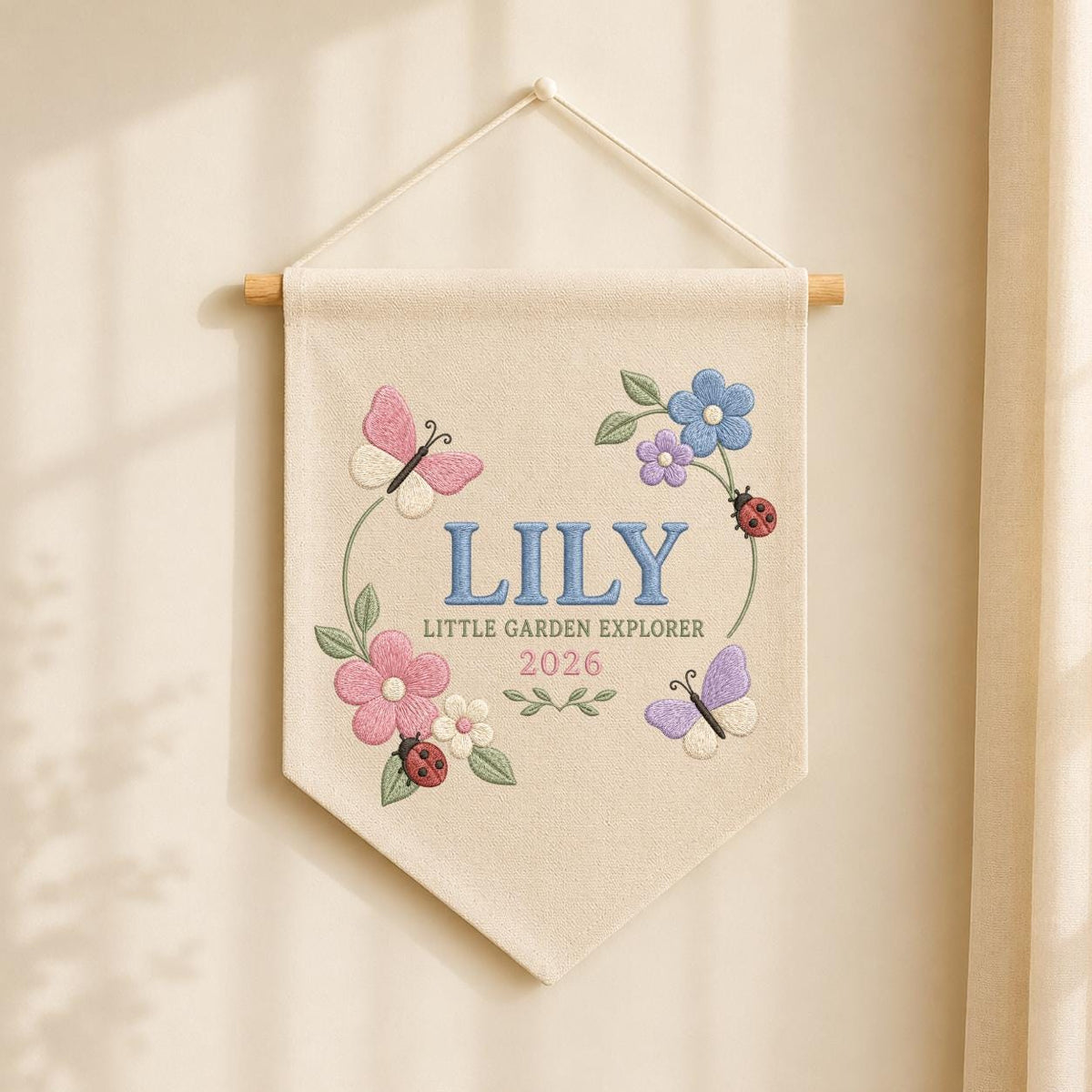 Personalized Floral Butterfly Canvas Pennant Decor, Custom Embroidered Lily Little Garden Explorer Name Sign, Girl Nursery Keepsake
