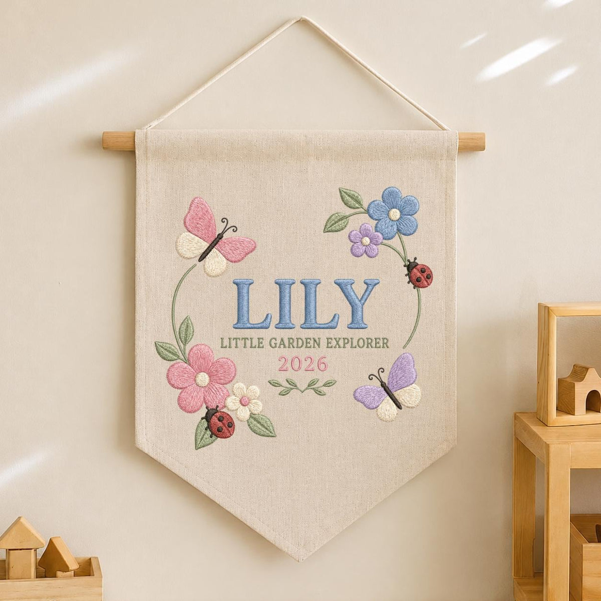 Personalized Floral Butterfly Canvas Pennant Decor, Custom Embroidered Lily Little Garden Explorer Name Sign, Girl Nursery Keepsake