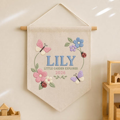 Personalized Floral Butterfly Canvas Pennant Decor, Custom Embroidered Lily Little Garden Explorer Name Sign, Girl Nursery Keepsake