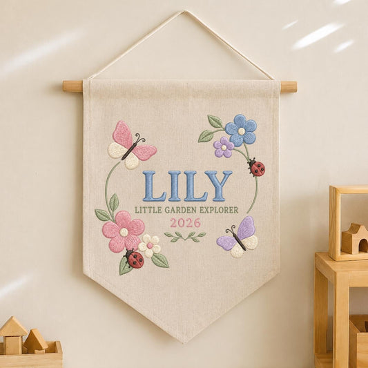 Personalized Floral Butterfly Canvas Pennant Decor, Custom Embroidered Lily Little Garden Explorer Name Sign, Girl Nursery Keepsake