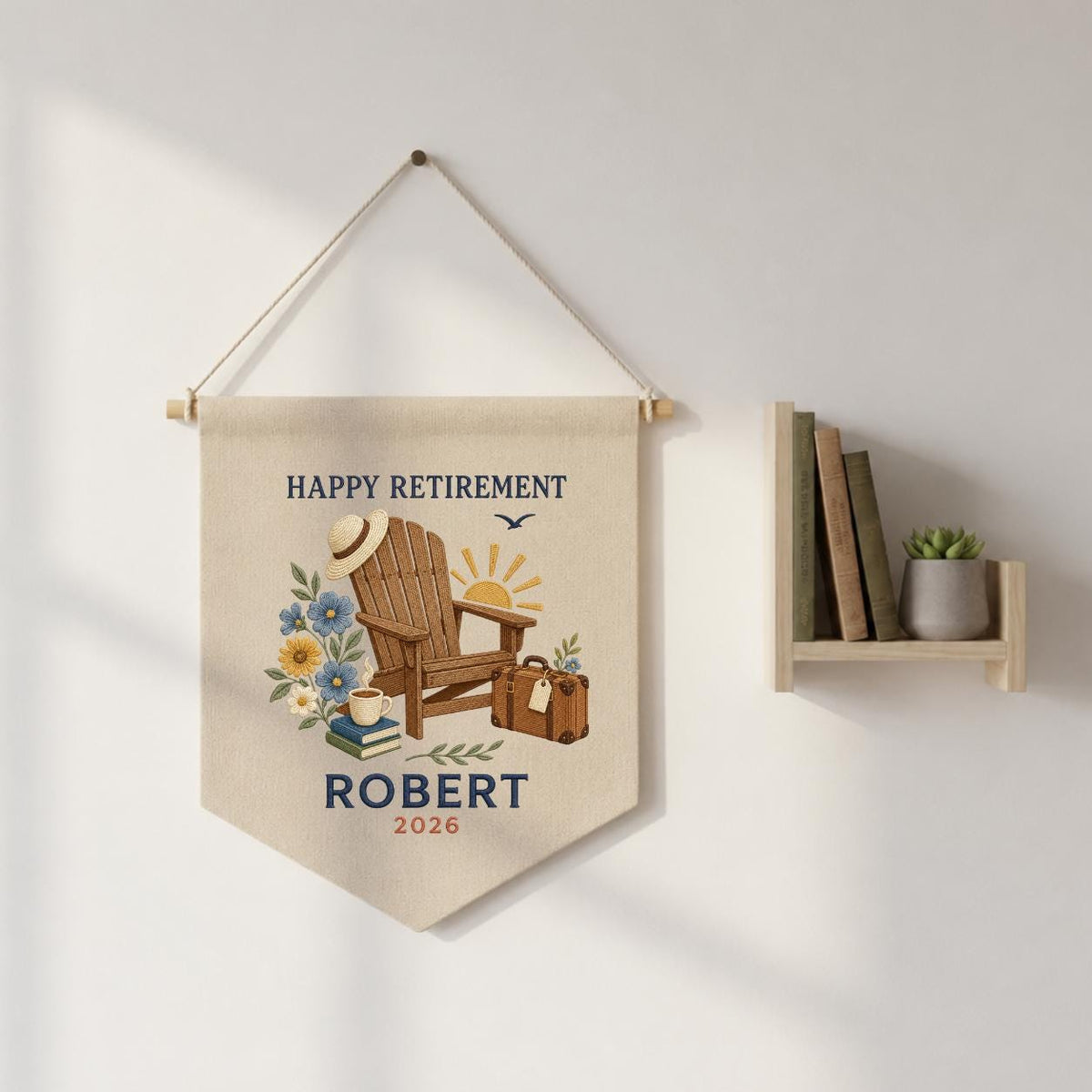 Personalized Happy Retirement Adirondack Chair Canvas Pennant Banner, Custom Name Year Embroidered Travel Vacation Wall Hanging Sign