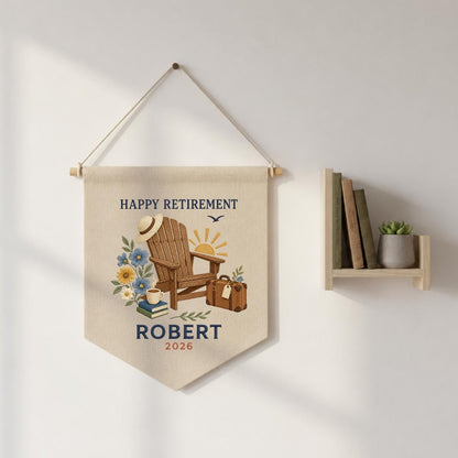 Personalized Happy Retirement Adirondack Chair Canvas Pennant Banner, Custom Name Year Embroidered Travel Vacation Wall Hanging Sign
