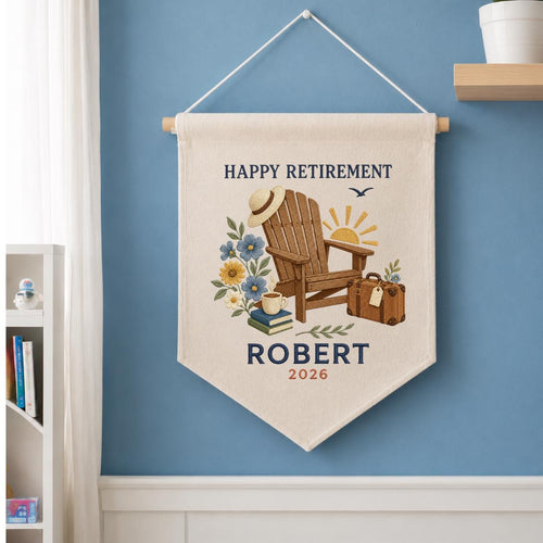 Personalized Happy Retirement Adirondack Chair Canvas Pennant Banner, Custom Name Year Embroidered Travel Vacation Wall Hanging Sign