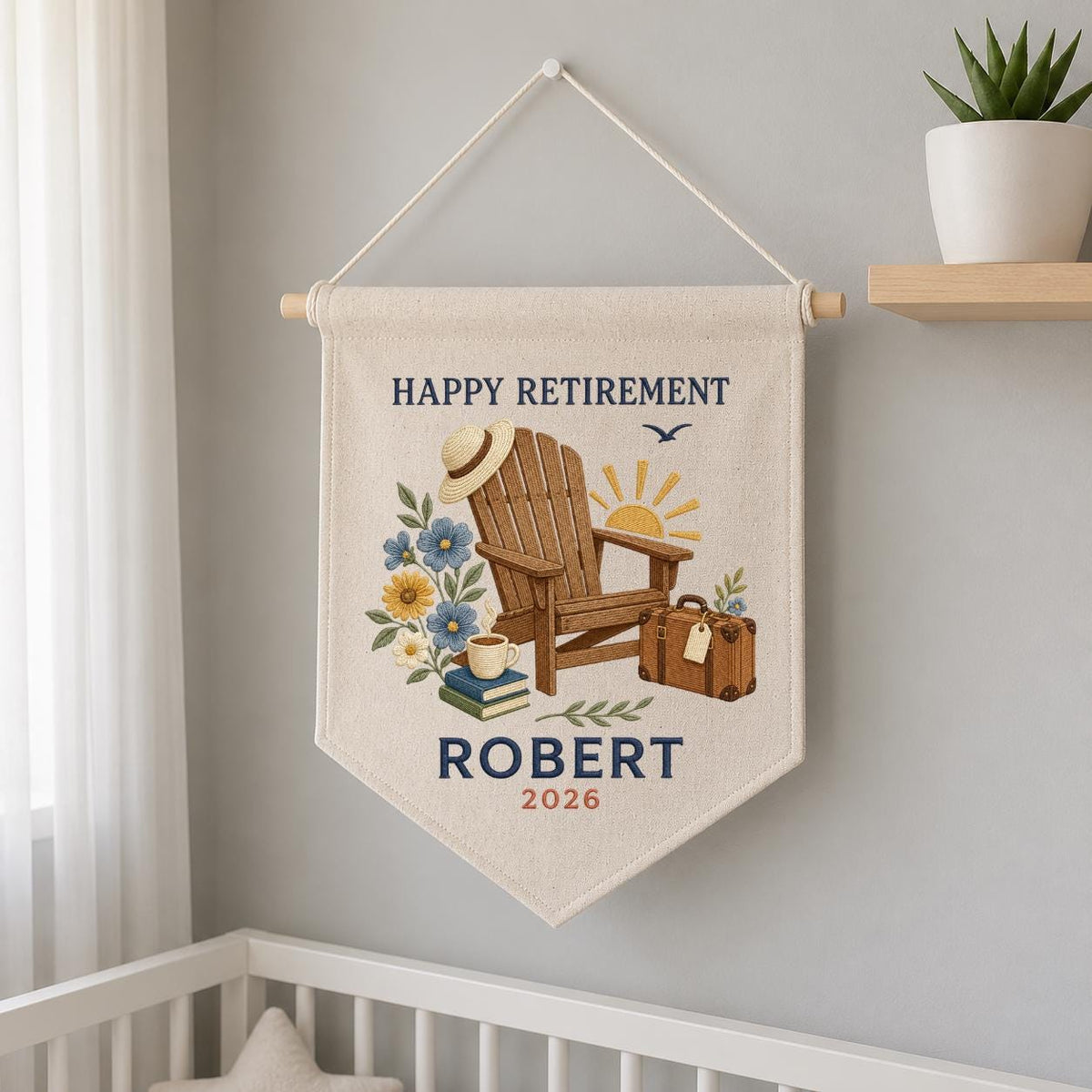 Personalized Happy Retirement Adirondack Chair Canvas Pennant Banner, Custom Name Year Embroidered Travel Vacation Wall Hanging Sign