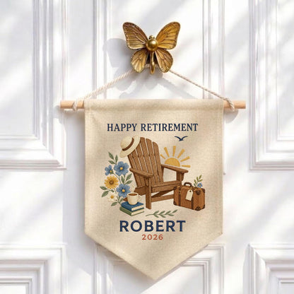 Personalized Happy Retirement Adirondack Chair Canvas Pennant Banner, Custom Name Year Embroidered Travel Vacation Wall Hanging Sign