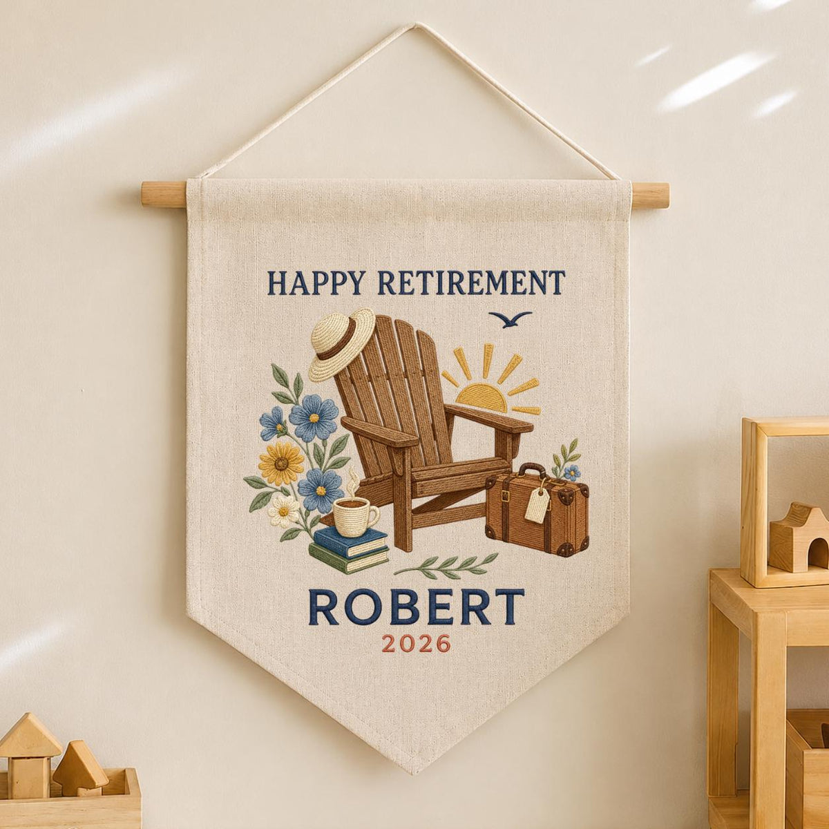 Personalized Happy Retirement Adirondack Chair Canvas Pennant Banner, Custom Name Year Embroidered Travel Vacation Wall Hanging Sign